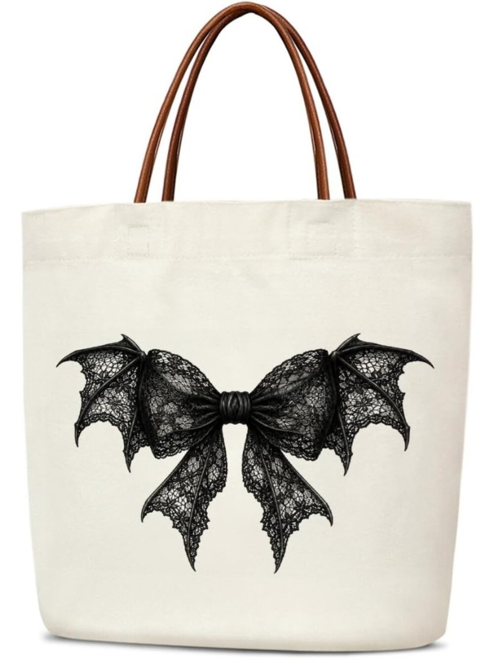 〽️Women's Cream Bat Bow Halloween Reusable Leather Handles Grocery Tote Gift Bag